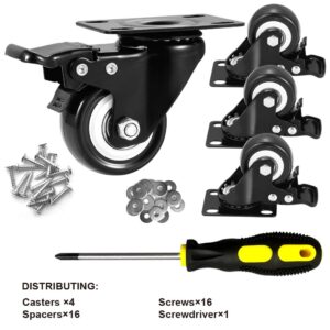 2" Caster Wheels Set of 4, Heavy Duty Casters with Brake, No Noise Locking Polyurethane (PU) Wheels, Swivel Plate Castors Pack 4
